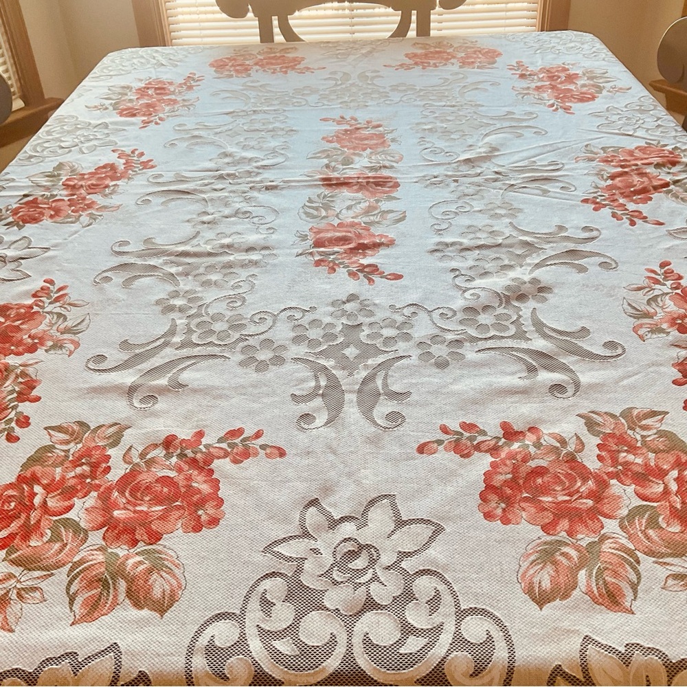 VTG White With Orange Floral Design Tablecloth Lace Edge TRIM Rectangle 70”x53”